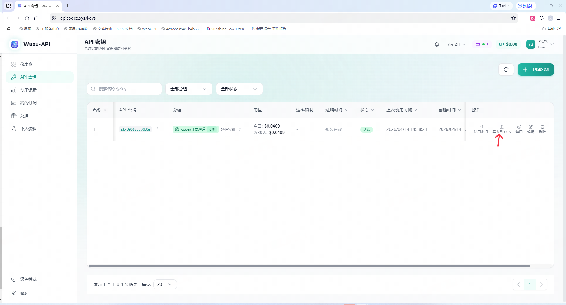 在网站 key 页面使用导入 ccs 功能